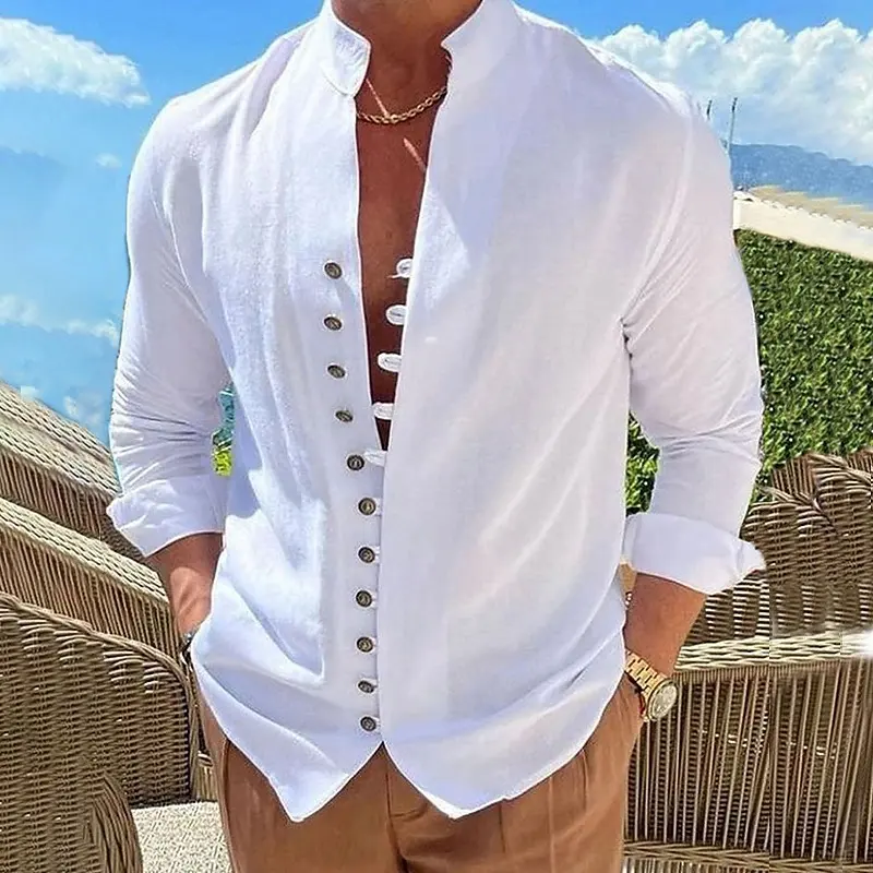 Retro Button Design Long-sleeved Shirt Men's Casual Loose Top