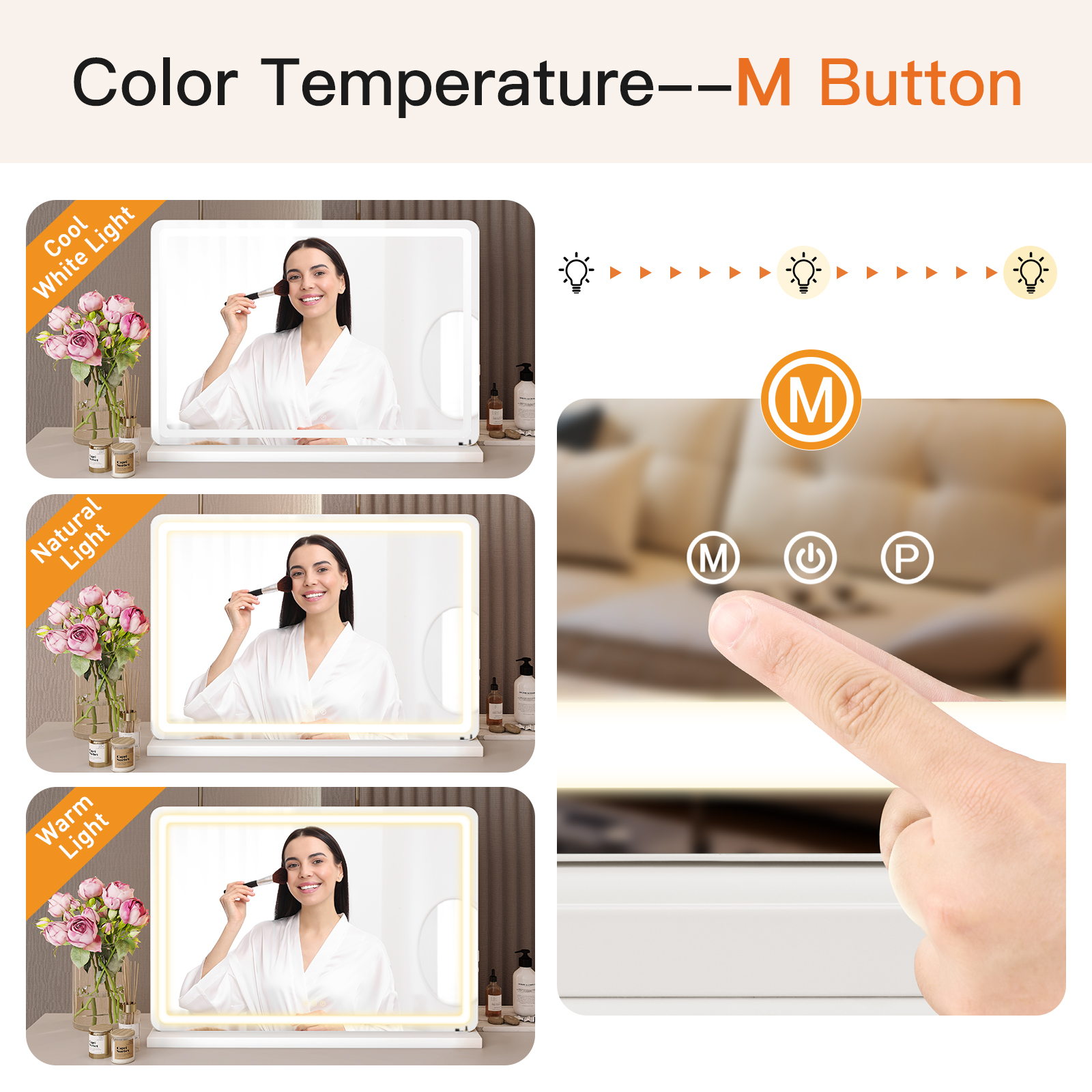 Vanity Mirror With Lights, LED Makeup Mirror With Dimmable 3 Color Modes, Touch Screen Control Vanity Based Mirror Desk Mirror Square White — foto 22