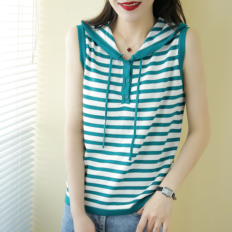 Title 1, Striped Sleeveless Hooded Vest Women