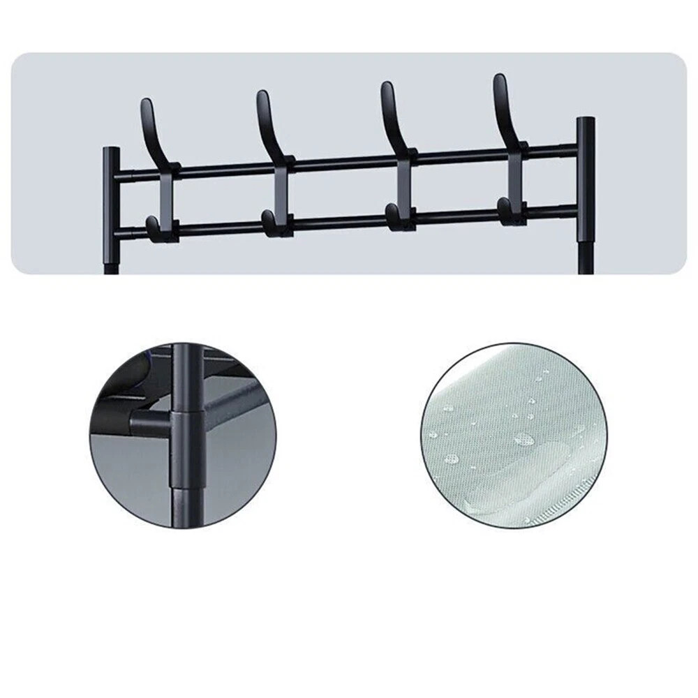 New Coat And Hat Stand 8 Hooks Metal Shoe Rack 5 Tiers Shelf Hanger Black 7