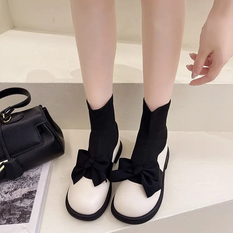 Bowknot Shaved Leather Wind Ankle Boots Flat Cloth Thin Skinny Socks Boots