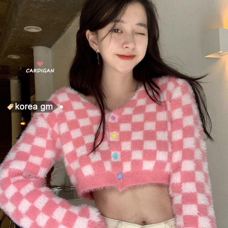 Plaid Knitted Sweater Cardigan Women High Waist