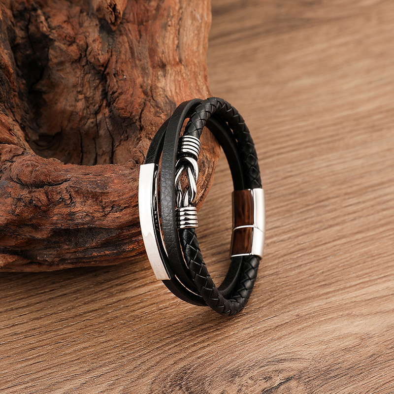 Stainless Steel Leather Bracelet Multilayer Braided Leather