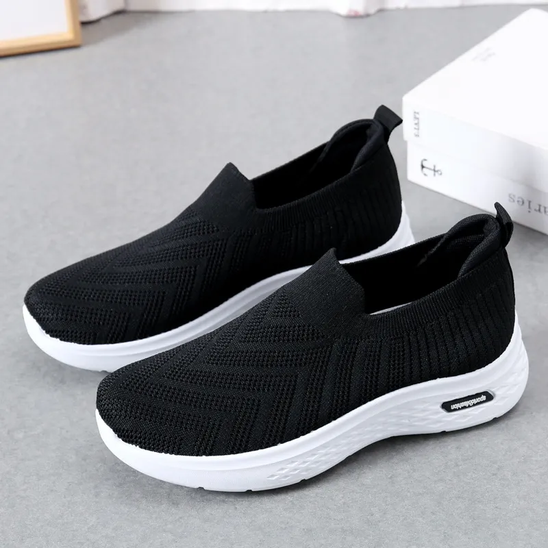 Casual Mesh Shoes Sock Slip On Flat Shoes For Women Sneakers Casual Soft Sole Walking Sports Shoe - Black