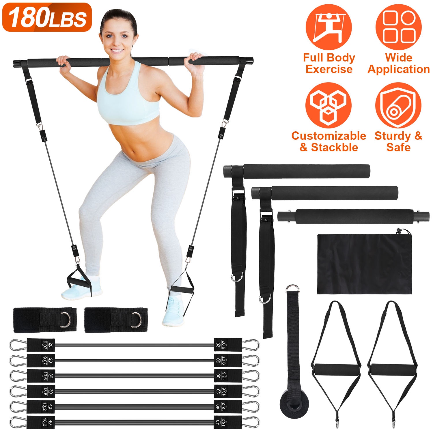 100LBS OR 180LBS Band Options - 1Pc Pilates Bar Kit Multifunctional Pilates Yoga Toning Bar Full Body Exercise Equipment Set For Beginners Intermediates Professionals 4 Elastic Resistance Bands — foto 21