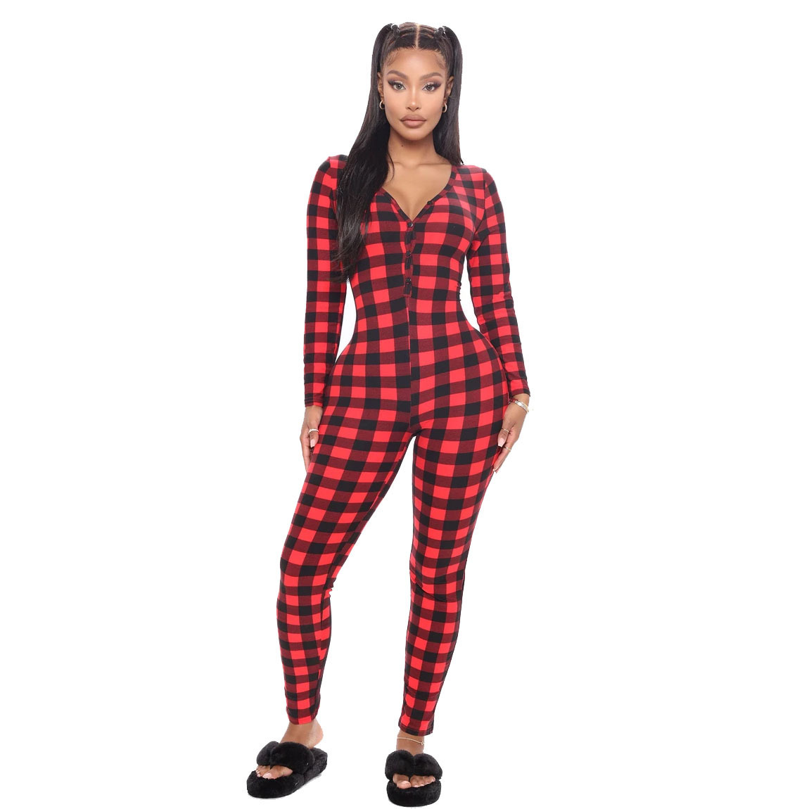Plaid Print Long Sleeve Pants V Neck Comfortable Home Casual One Piece Pajamas 5Printing M - Shop at LoveMi