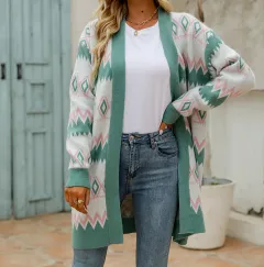 Diamond Shaped Check Colour In The Long Knitted Cardigan - Green - View 1