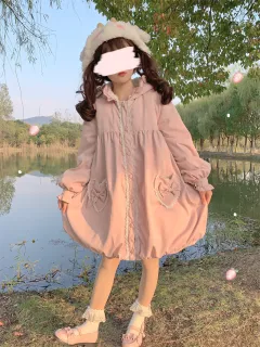 Hooded All-match Fleece Thickened Bud Skirt Coat Cotton Coat - Pink - View 1