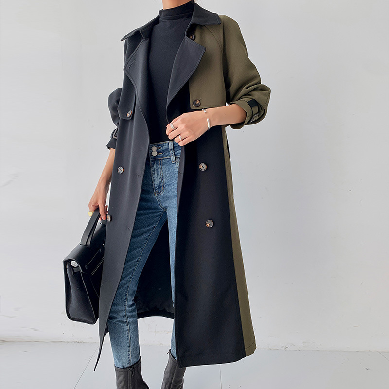 Contrast Stitching Mid-length Loose Double-breasted Jacket Tooling Jacket Trench Coat