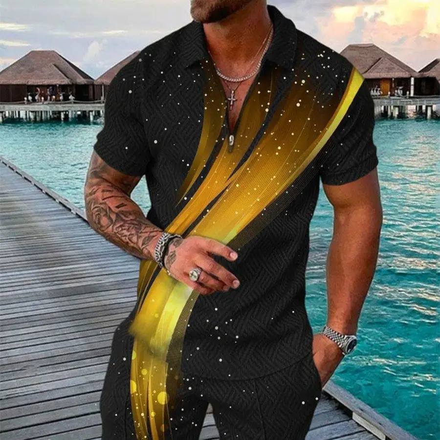 Men's Summer Fashion 3D Printed Short Sleeve Geometric Zip