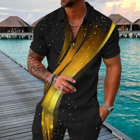 Men's Summer Fashion 3D Printed Short Sleeve Geometric Zip