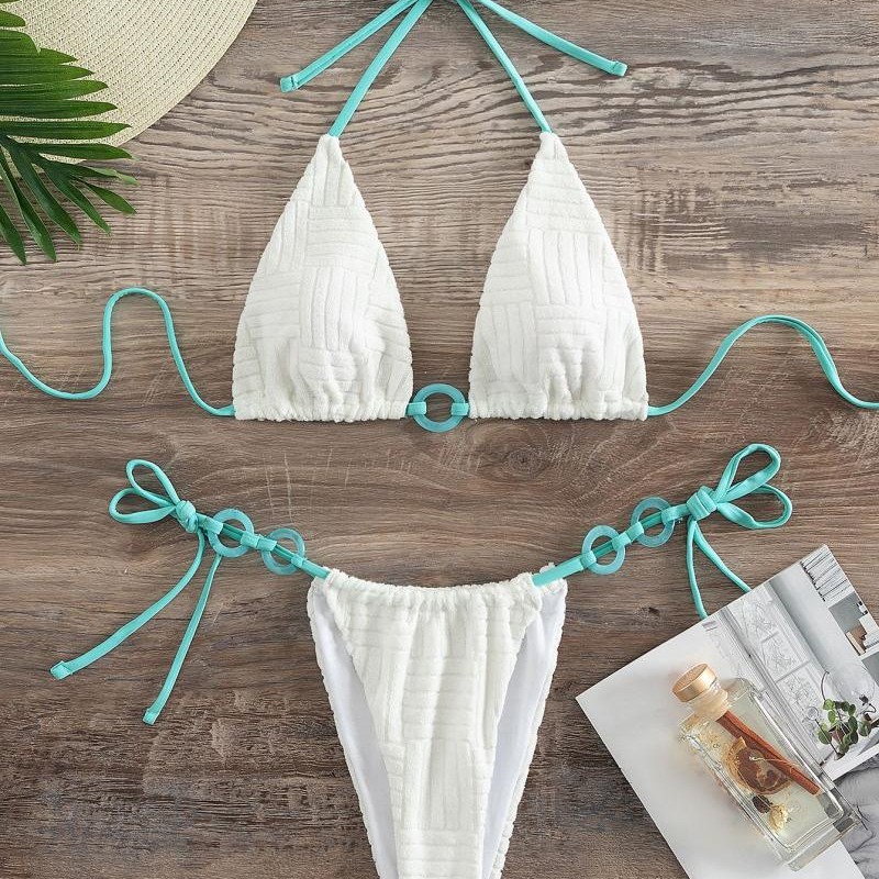 Title 3, Solid color lace-up triangle bikini swimsuit wi...