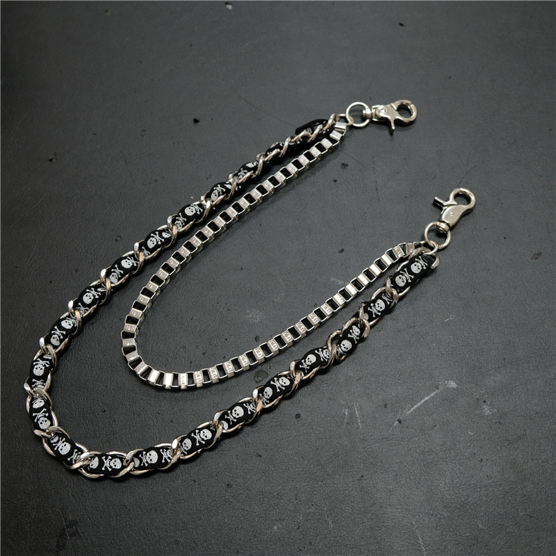 Fabric Panel Skull Print Double Waist Chain