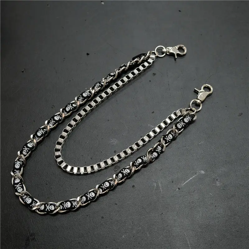 Fabric Panel Skull Print Double Waist Chain