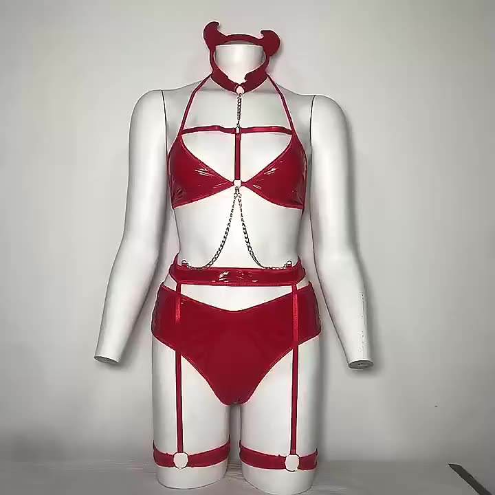 Ladies Little Devil Chain Three Point Underwear Set Red - Shop at LoveMi