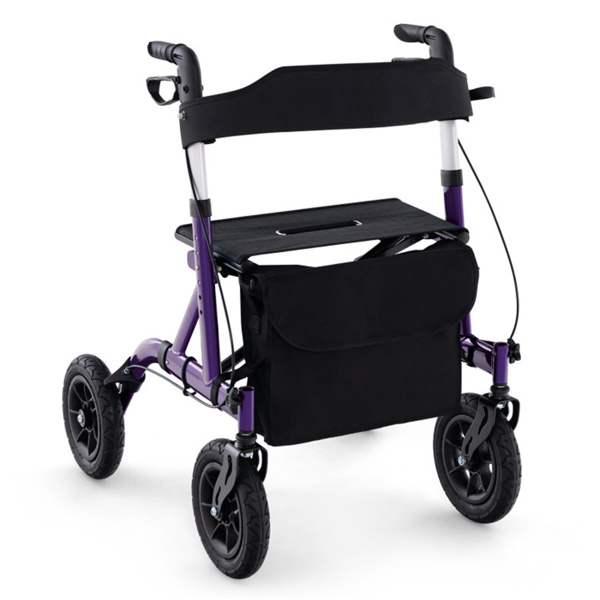 Outdoor Rolling Rollator Walker 9.5inch All-Terrain Wheels, 6-Level Adjustable 32inch-37inch, Foldable, Padded Seat, Storage Bag Umbrella Holder