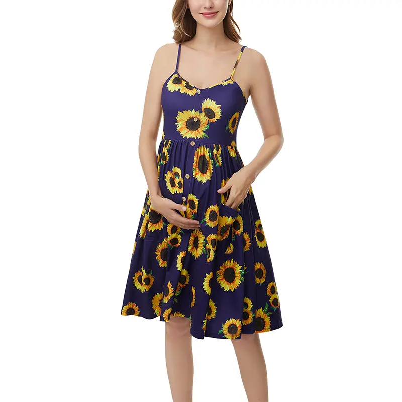 Women's Fashion Sunflower Print Pocket Sling Maternity Dress