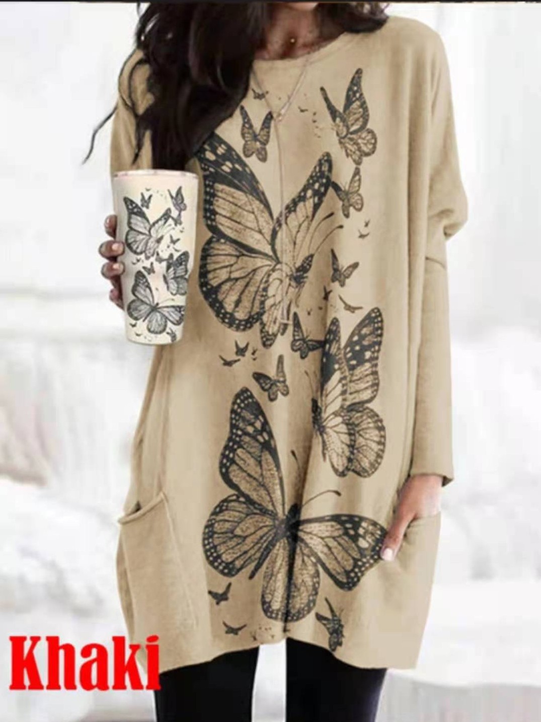 Title 3, Pure Color Butterfly Print Round Neck Dress