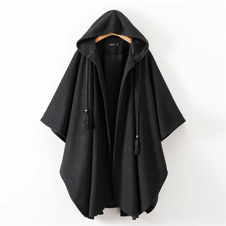 Hooded Trousers Cape Woolen Coat Black - Shop at LoveMi