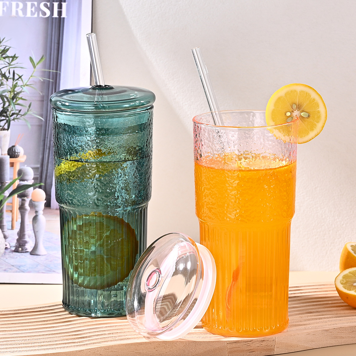 20 Oz 2-pack Glass Straw Cup With Vertical Pattern Cup And Lid, High Borosilicate Heat-resistant Glass Cup For Juice, Milk And Cold Drinks
