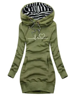 Heart Print Long Clothes Women Hoodie Sweatshirt Pullover Tops - Army Green - View 1