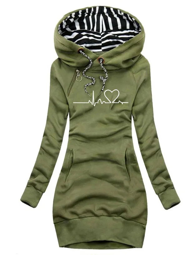 Heart Print Long Clothes Women Hoodie Sweatshirt Pullover Tops Army Green - Shop at LoveMi