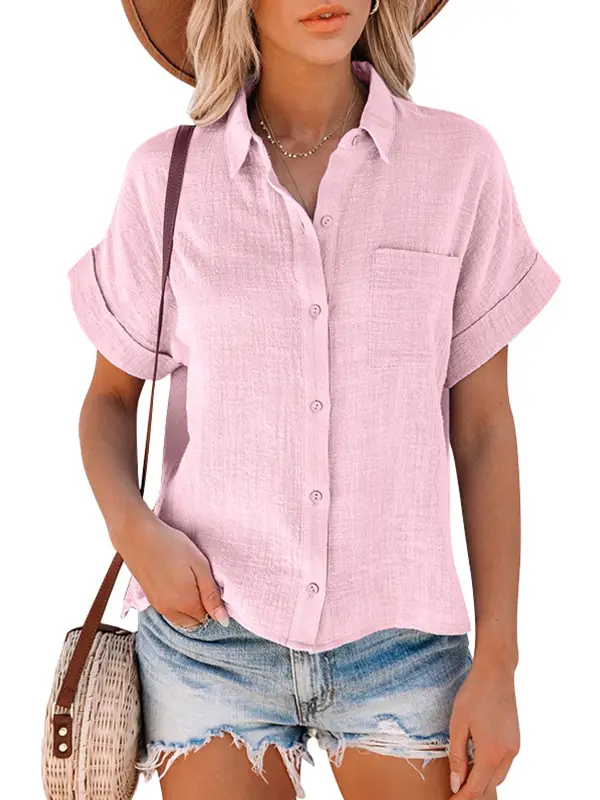 Explosive Style Cotton And Linen Shirt Short-sleeved Ladies Lapel Button-down Shirt
