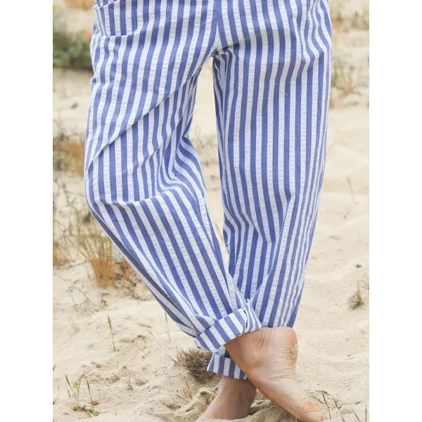 Cotton And Linen Autumn Casual Striped Wide leg Pants Blue - Shop at LoveMi
