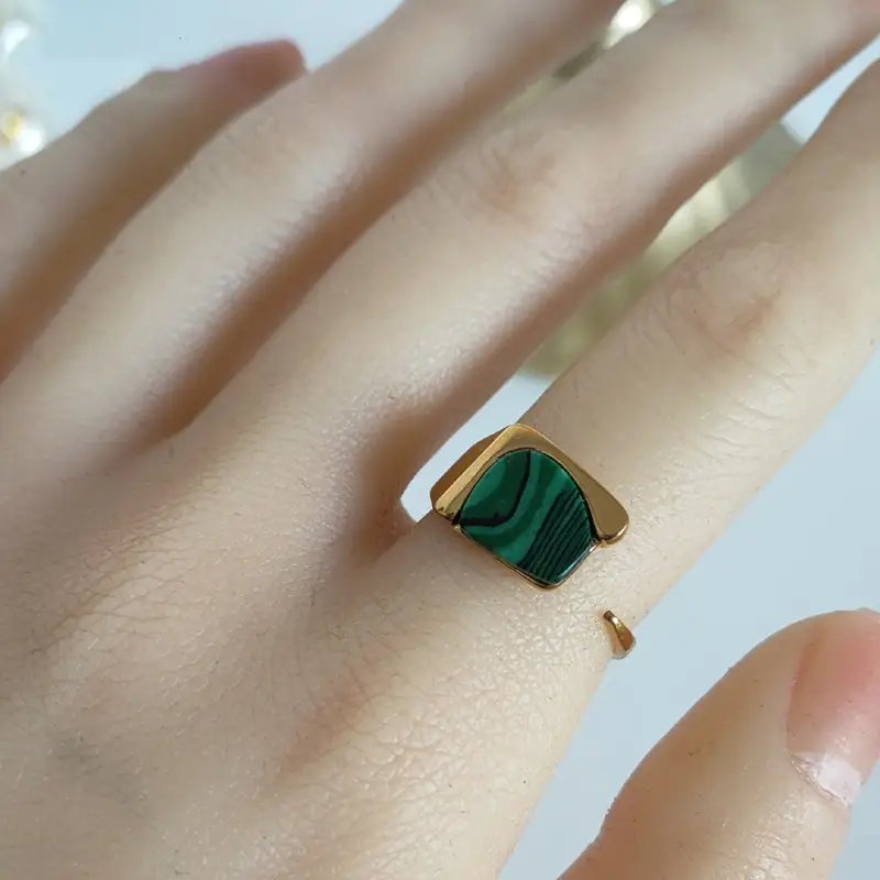 Green Malachite Gold Titanium Steel Plated 18K Ring