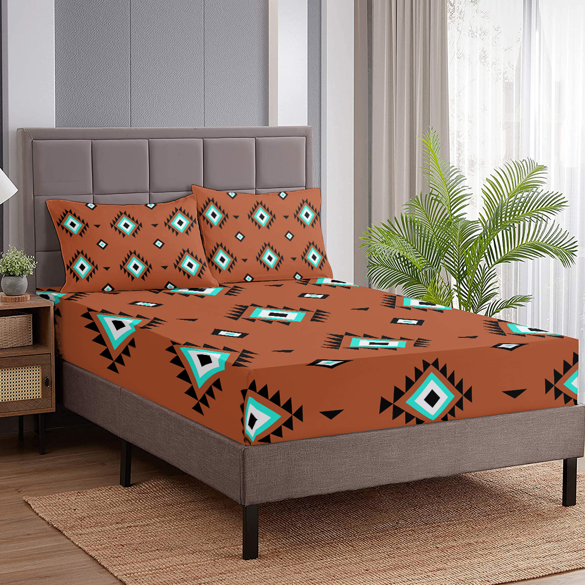 Geometry Fitted Sheet, Geometry Square Sheet Set Soft Polyester Bedding, Orange Geometry Bed Cover 1 Fitted Sheet And 2 Pillow Cases