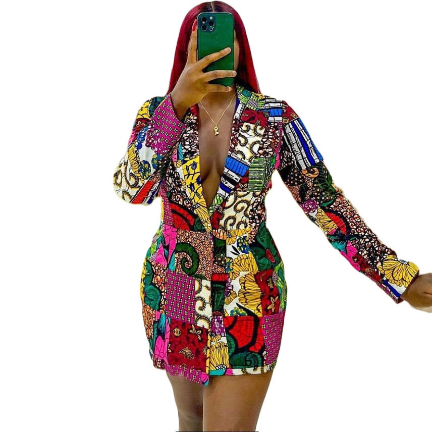 Women's Suit Collar Printed Long-sleeved Dress