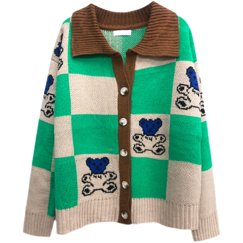 Green Plaid Sweater Coat Cardigan Woman Green - Shop at LoveMi