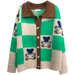 Green Plaid Sweater Coat Cardigan Woman - Green - View 1