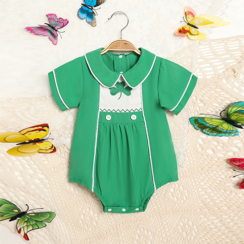 Baby Green Lapel Short Sleeve Romper Clover Print Button Detail Playsuit With Snap Closure