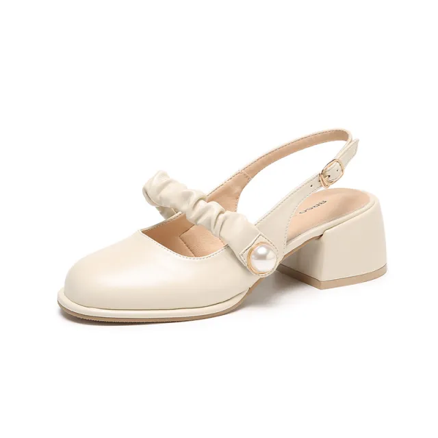 Women's Simple Pearl Chunky Heel Sandals Beige - Shop at LoveMi