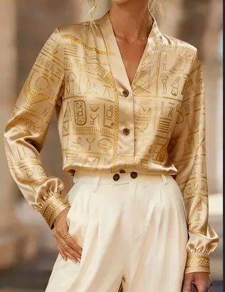 Urban Luxury Style Satin Collar Long-sleeved Shirt For Women