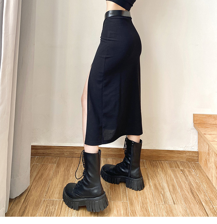 High Waist With Cuffed Zipper Split Mid Length Skirt