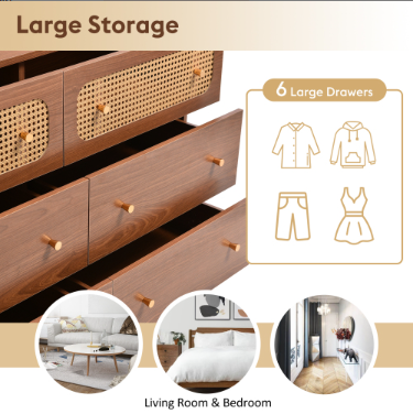 Rattan Sideboard Cabinet For Living Room, Chest Of Drawers With 6 Walnut - 40D — image 6