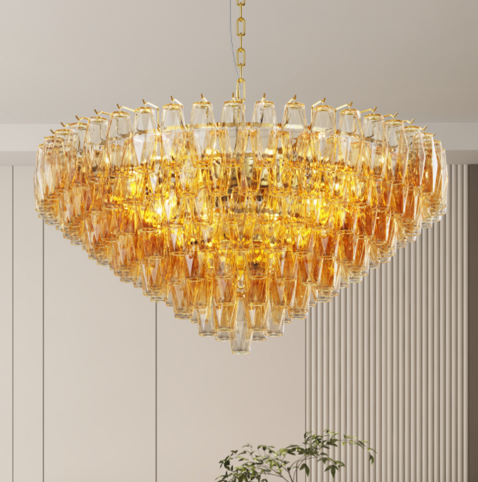 37 Extra Large Chandelier, 14-Light Gold Modern Round Chandelier For Living Room, Tiered Smoke Blown Glass Brass Chandeliers, Hanging Light Fixture For Bedroom, Dining Room, Foyer, Entryway