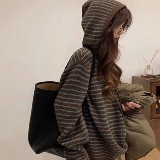 Thick Contrast Color Loose And Idle Striped Hooded Pullover - Shop at LoveMi
