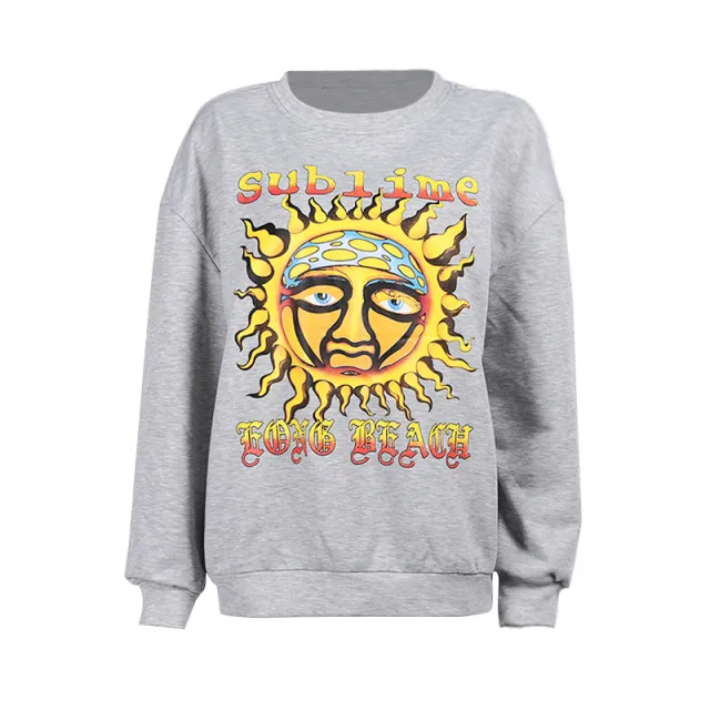 Women's Casual Loose Abstract Sun Letter Print Sweatshirt Grey - Shop at LoveMi