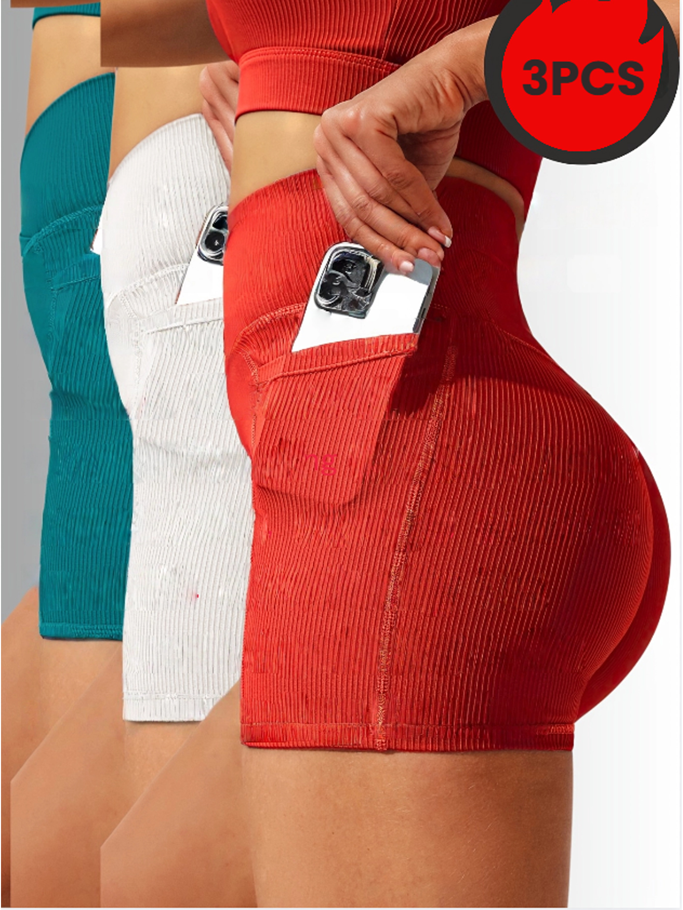 3 Pack Seamless Yoga Shorts High Waisted Tummy Control, Quick Dry For Gym & Running Green White Red - Shop at LoveMi