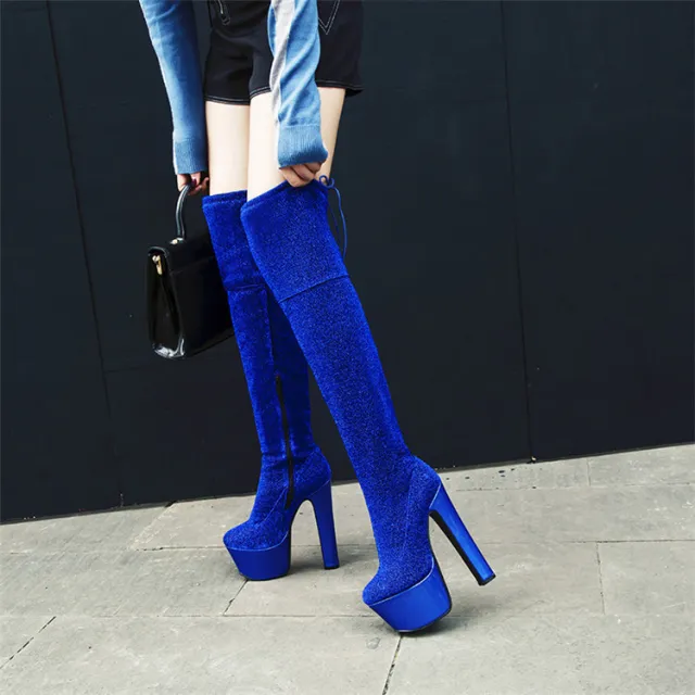 Womens Thigh Bling Sequined Cloth Platforms High Heels Long Boots Blue - Shop at LoveMi