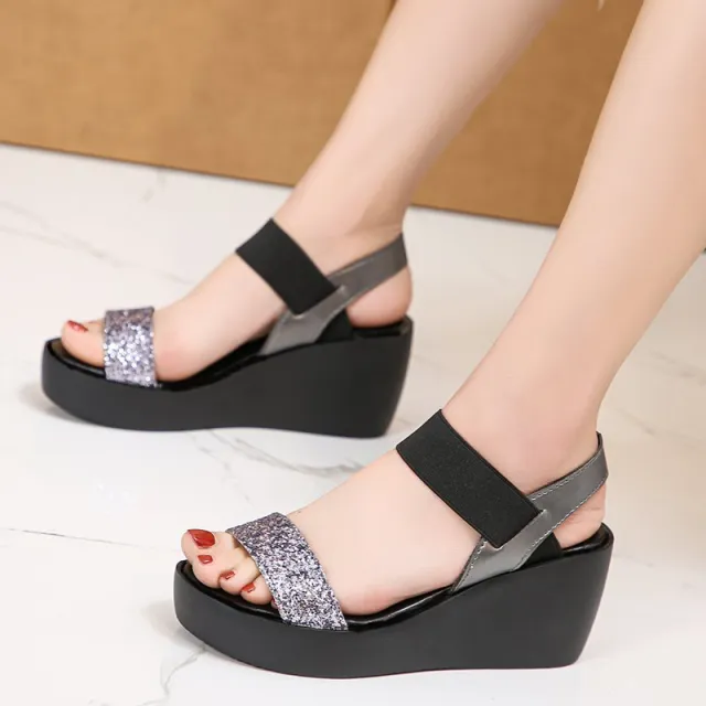 Wedge Heel Mid Heel Sequined Sandals Women's New Platform Platform Buckle Women's Sandals Silver - Shop at LoveMi