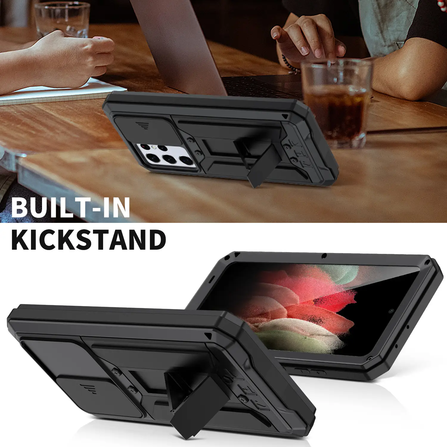 Waterproof Bracket Phone Case Metal Silicone Material Suitable For S21ultra