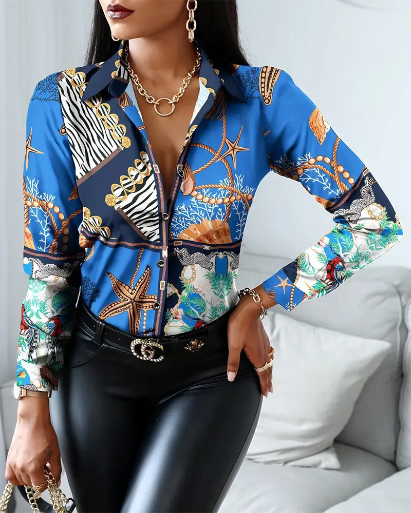 Autumn And Winter Long-sleeved V-neck Color Matching Retro Style Shirt Top Women