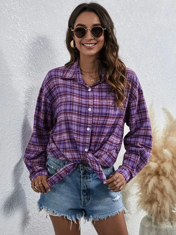 Loose And Slim Lapel Long Sleeved Brushed Plaid Shirt Purple - Shop at LoveMi