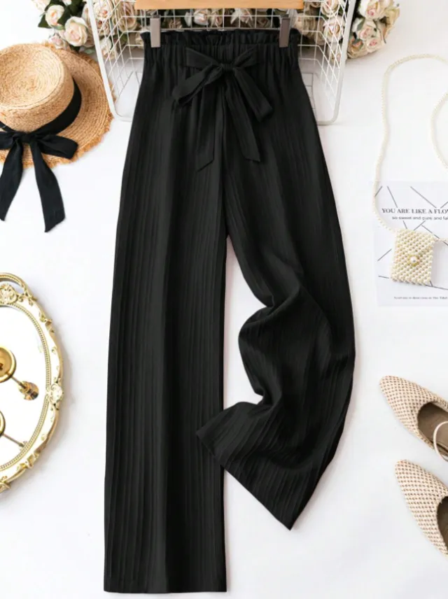 Women's Casual Solid Color Straight Wide Leg Pants With Belt Black - Shop at LoveMi