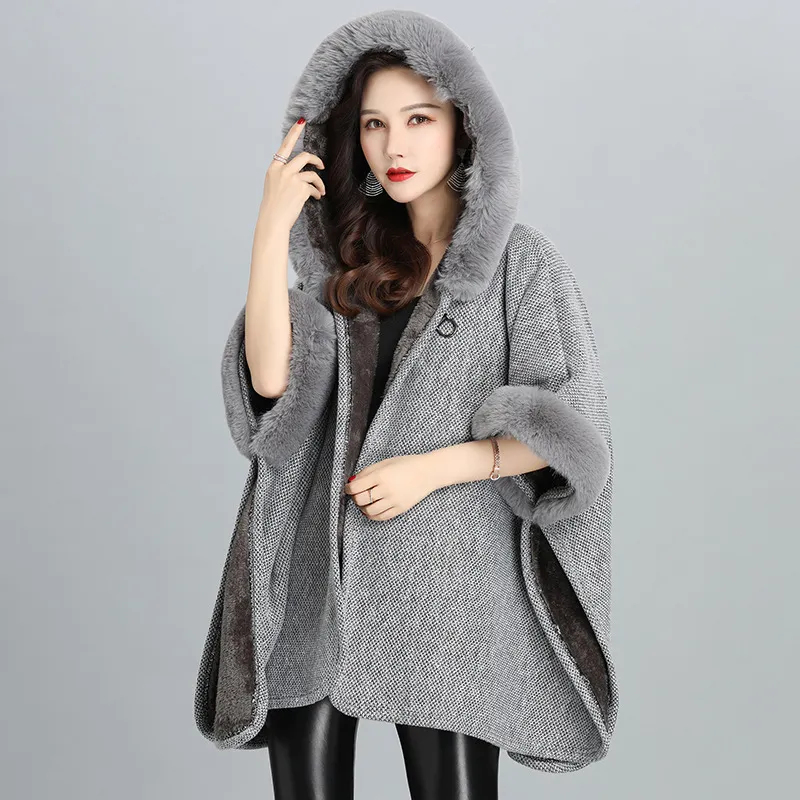 New Faux Fur British Temperament European And American Women's Hoodie Shawl Jacket - Light Grey
