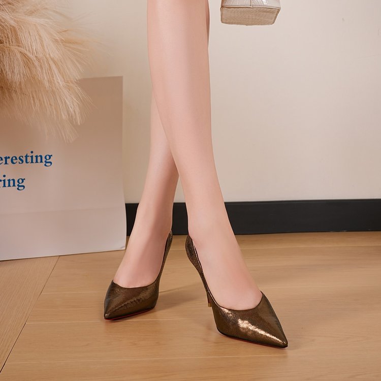 Bronze Glitter Pointed Toe High Heels, Red Bottom Stiletto Pumps, Women's Metallic Dress Heels For Party Wedding Club